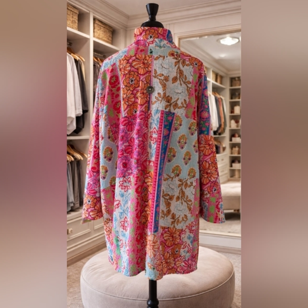 Floral Patchwork Button-Front Tunic Shirt in Pink & Orange - Picture 3 of 7